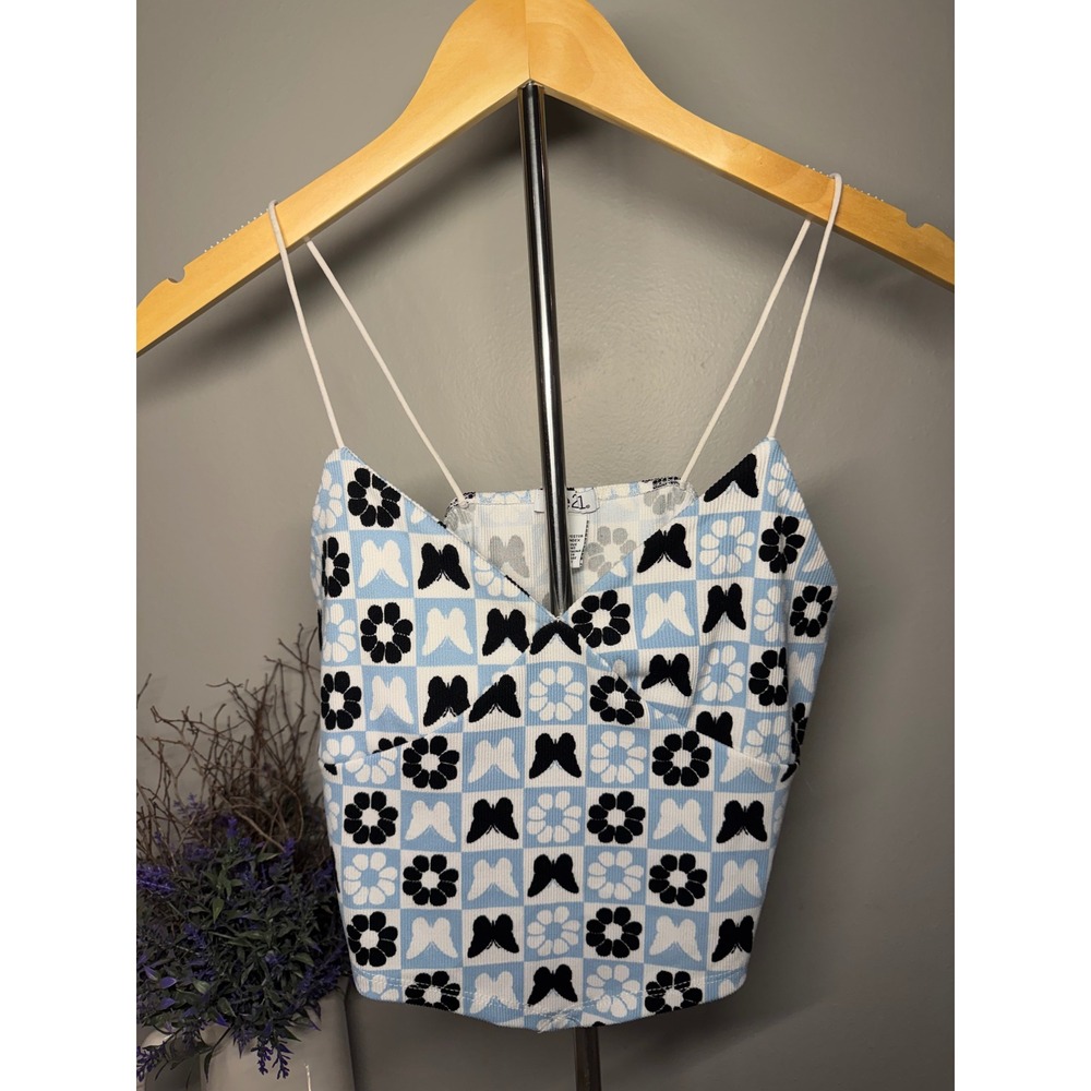 Rue21 Y2K Blue White Checkered Butterfly Daisy Ribbed Cami Crop Top Large